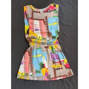 Vintage 80s 90s City Pizza Parlor Building Illustrative Colorblock Print Dress 4